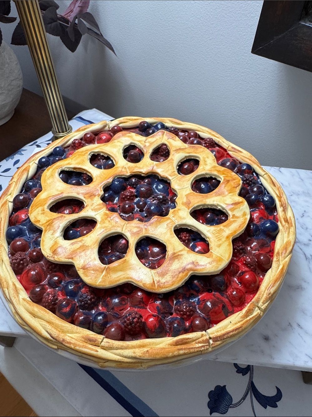 Faux Decorative Mixed Berry Pie Serving Dish - Cream & Red